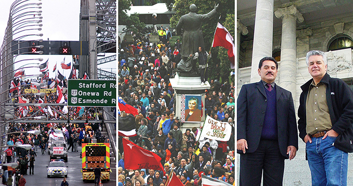 The 2004 foreshore and seabed hikoi - crossing Auckland Harbour Bridge; at Parliament; and Wally with organiser Moana Jackson.