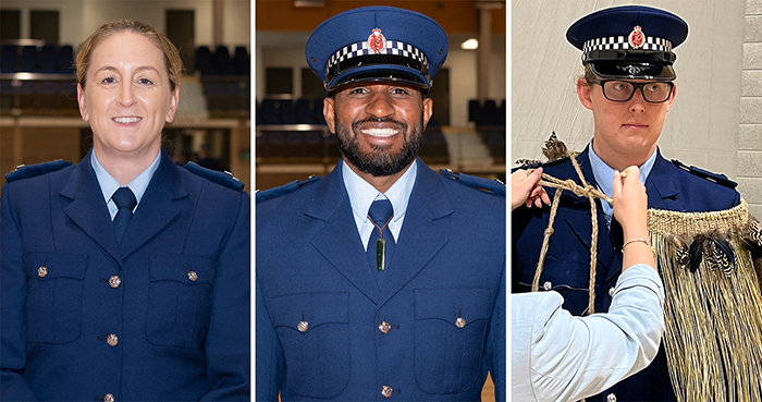 Constables Michelle Hohepa, Praneel Chand, and David Ash, getting a bit of last-minute help with his korowai.