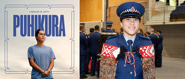Constable Iritana Hohaia at her graduation and in her campaign poster for Puhikura.
