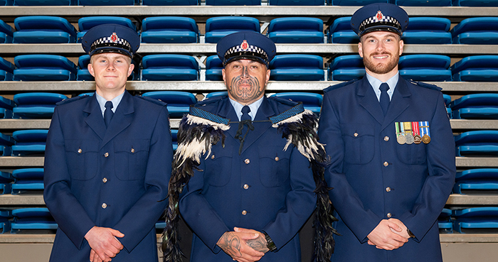 Constables Jesse McIntyre, Steven Karehana and Ethan Comer, winners of the Minister’s Award for First in Wing, Commissioner’s Award for Leadership and Patron’s Award for Second in Wing respectively.