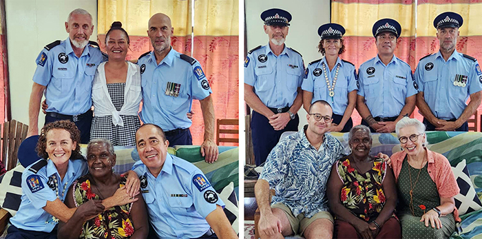 Left: Mama Maria flanked by Senior Advisor Theresa William and Team Leader Owen Maurirere, with Senior Advisors Matthew Prendergast and Derek Ealson standing with Owen's wife Paula. Right: With the addition of VSA Team Leader Matt Lambie and nurse Sarah Togher.