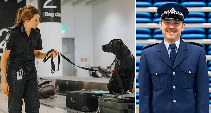 Two photos. On the left: Tegan and Willow working for the New Zealand Customs Service. On the right: Lawyer turned police officer, Constable Miles Beresford.