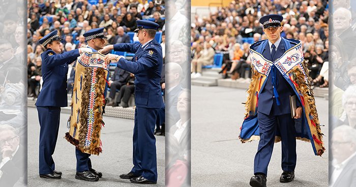 Left: Senior Sergeant Kate Saxton and Commissioner Andrew Coster tie the Police korowai around the shoulders of Constable George Littlejohn. Right: Constable Littlejohn walking away wearing the korowai.