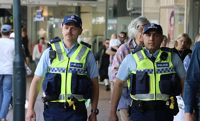 Constables Zabron Mohuanga and Yama Bashiri walking down Lambton Quay.