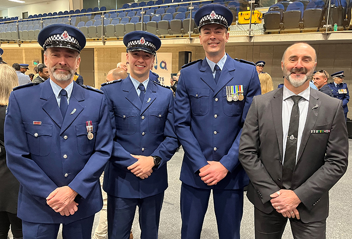 From left: Senior Sergeant Stu Oram, Sergeant Sam Oram, new Constable Michael Oram and Senior Sergeant Johnny Oram.
