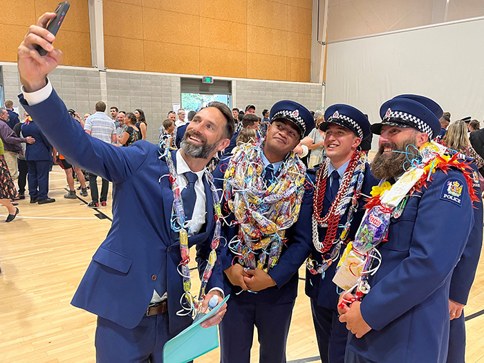 Patron of Wing 363, cricketing legend and retired Black Cap Grant Elliot taking a selfie with some of the new constables.