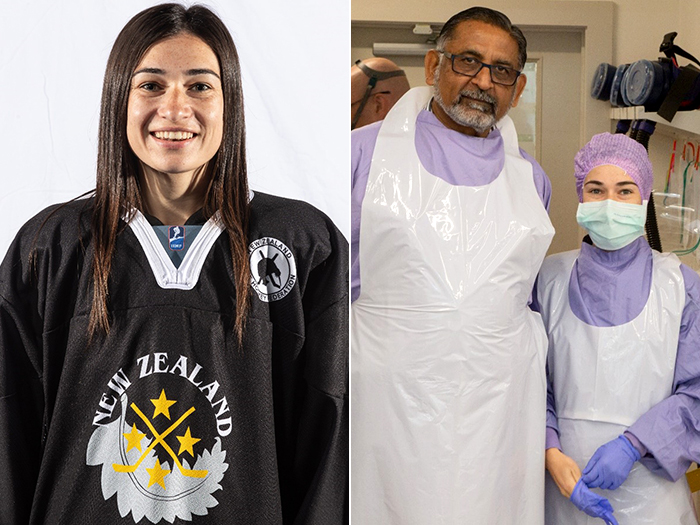 Anjali in her hockey uniform (left) and at work with colleague and mentor Prem Singh.