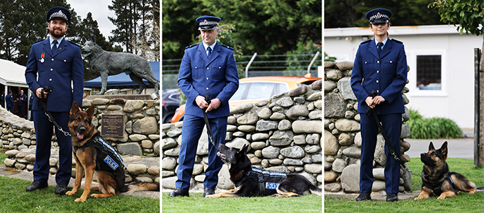 Constable Scott Higby and Chip, Senior Constable Hugo Du Plessis and Freeze, and Constable Hannah Templeman and Geo.