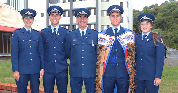 Southern pride in action. A family celebration of Constable Dylan Buttar-Scurr's success. Left to right: Constables Georgia Kane-Holt, Blake Buttar-Scurr, Senior Constable Graeme Buttar, Dylan, and Constable Bailey Paul.