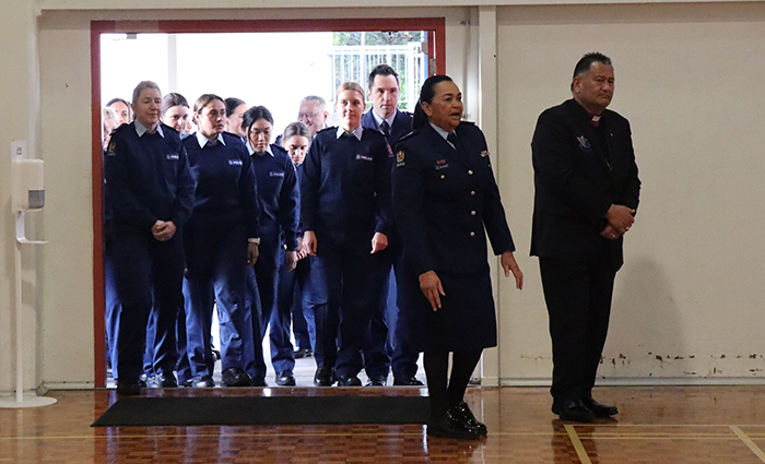 Mel leading Wing 347 and their patron Bishop Kito to their pōwhiri in July 2021.