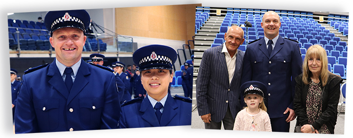 Former Police employees, and now constabulary staff - Constables Owen Ankers and Anne Wong. Right: Owen with his parents Haydn and Carol and daughter Millie. 