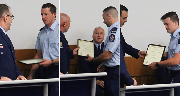 From left, Constables Michael Robertson, Bradley Parrish and Benjamin Coldwell receiving their awards.