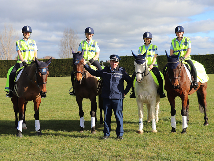 Constables Olivia Winbush (on Bentley), Ashleigh Smail (on Lulu), Inspector James Ure, and Constables Brittany Whelan (on Barney) and Melissa Wallace (on Maotai).
