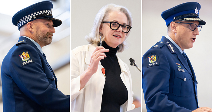 Taking the stage were, from left: Leadership Award winner Constable Ben Spenceley; Patron Dame Miranda Harcourt; and acting Commissioner Jevon McSkimming.
