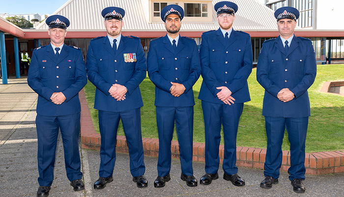 Tokoroa-bound: Sergeant Wayne Dickson and Senior Sergeant Jason Henderson with Constables Adam Wilson, Jasdeep Mangat and William Mitchell.