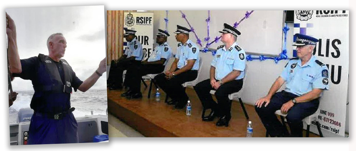 Solomon Islands policing - on a boat, and on a stage (Mick is seated on the right).