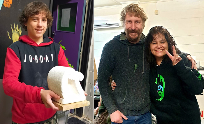 Two photos, side by side. The left hand photo shows one of the boys holding out their carving. The photo on the right is a portrait shot of Tim and Tira.