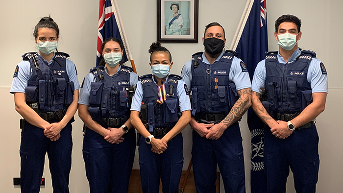 Wing 345: Left to right: Constables Leanna Vella, Olivia Morgan, Duangphaktra (Tang) Simmonds, Elijah Hapi and Glenn Tamanui.