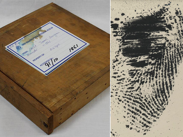 The wooden box containing the carefully preserved pane of glass from the crime scene and one of the fingerprint exhibits.