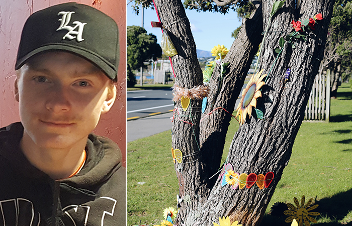 A photo of Tyson and a photo of the tree where he crashed that has been turned into a memorial.