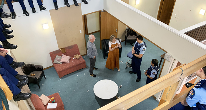 Jude Simpson in the RNZPC crime house, leading recruit training.