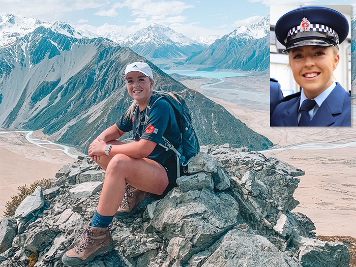 Constable Abby McIlroy out on the mountains of the South Island and, inset, in rather different surroundings at her graduation.