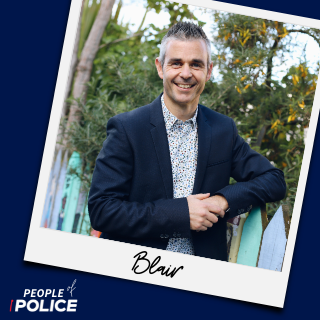 People of Police logo and photo of Blair smiling at the camera, both on a dark blue background
