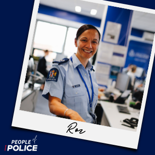 People of Police logo and photo of Roz smiling at the camera, both on a dark blue background