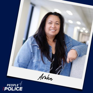 People of Police logo and photo of Aroha smiling at the camera on a dark blue background