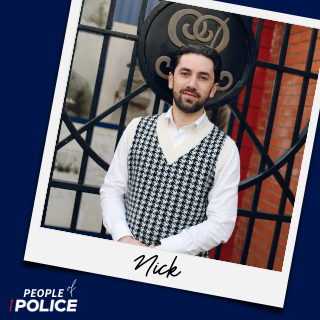 People of Police logo and photo of Nick smiling at the camera on a dark blue background