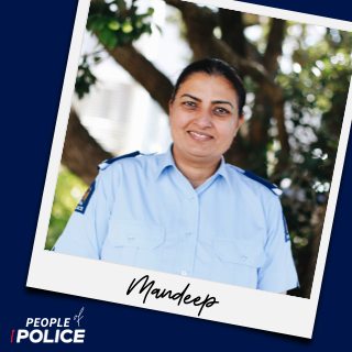 People of Police logo and photo of Mandeep smiling at the camera on a dark blue background