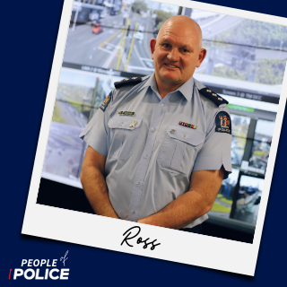 People of Police logo and colour photo of Ross, both on a dark blue background.