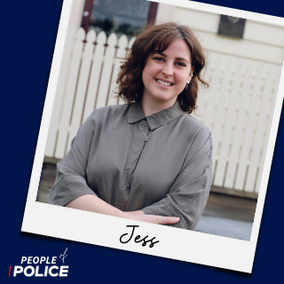 People of Police logo and photo of Jess smiling at the camera, both on a dark blue background