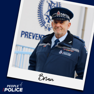 People of Police logo and photo of Brian smiling at the camera, both on a dark blue background