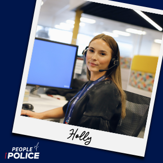 People of Police logo and photo of Holly smiling at the camera, both on a dark blue background