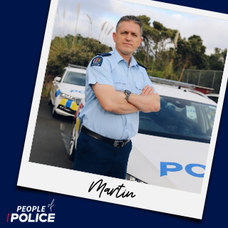 People of Police logo and photo of Martin in front of Police cars, both on a dark blue background