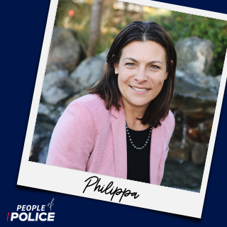 People of Police logo and photo of Philippa smiling at the camera, both on a dark blue background