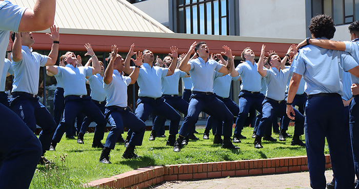 Before graduation day, Wing 379 'handed over' to their successors in Wing 380 with a haka exchange at the Memorial Wall.