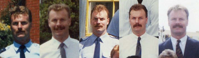 JP, the early years. A recruit in 1988; on a Youth Aid course (1989); final parade outside the old Wellington Central (1991); CIB selection course (1992), and qual course (1993).