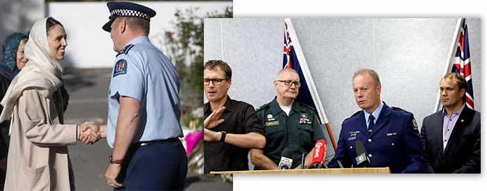 In the afternath of the 15 March attacks, welcoming the then Prime Minister Jacinda Ardern to Christchurch, left, and fronting the media.