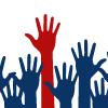 A graphic image of one red hand in the middle of blue hands.