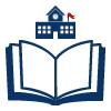 A graphic image of a book and a school house.