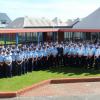 Members of the graduating Joris de Bres 286 Recruit Wing with Commissioner of Police, Mr Mike Bush