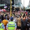The hikoi at the corner of Willis Street and Lambton Quay