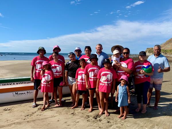 Waka ama crew from the Big Camp at Pourere Beach