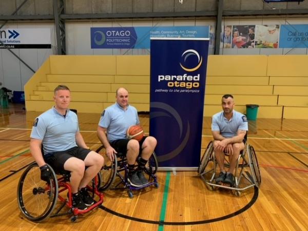 Constables Zane Elliman, Tim Coudret and Sergeant Adrian Cheyne gave wheelchair basketball a go as the Boys in Blue team