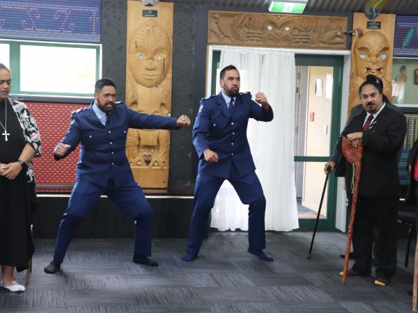 Sergeants Phillip Rowden and James Waapu perform a powerful haka at the pōwhiri 