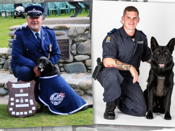 Senior Constable Ross Clarke with champ and retirement buddy Kea, left, and Constable Andrew Clarke and Vulcan.