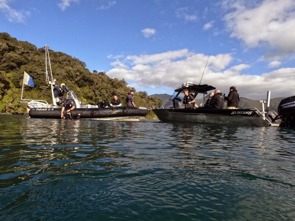 Police vessel ‘Alpha’ alongside Navy’s ‘Pathfinder’ during Exercise Bushnell.