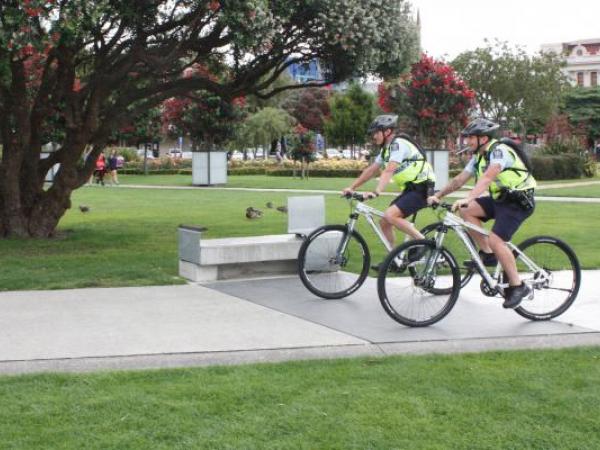 Sergeant Darren Paki and Constable Adrian Cornwall on a patrol through the Square